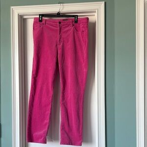 Pink corduroy straight leg pants.